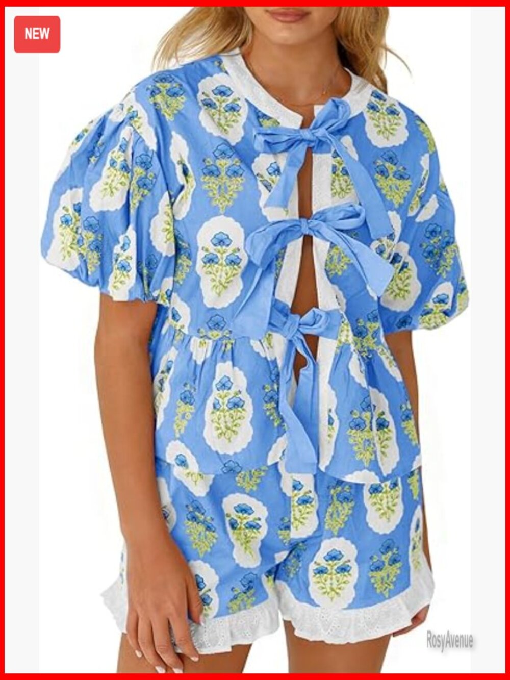 Floral Puff Sleeve Babydoll Blouse and Ruffle Shorts 2 Piece Set